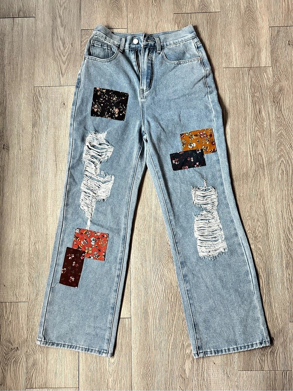 Cider Floral Patch Straight Leg Jeans in Blue